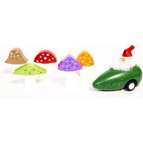Gnome and Mushroom 6 Piece Bowling Game by Jack Rabbit Creations – Pull-Back Car and Garden Mushroom Stacking Pins – Classic Wooden Toy – Develops Hand Eye Coordination & Motor Skills - Ages 3+ Years