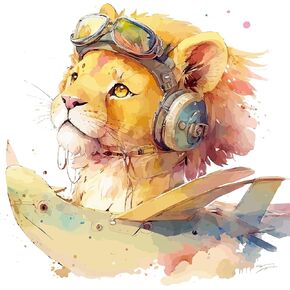Lovely Watercolor Lion Pilot Wall Stickers Decals, Cute Savanna Animals Plane Decor Vinyl Waterproof Peel Removable Murals for Nursery Kids Baby Room Bathroom Toilet Playroom Furniture Classroom