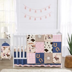 Sweet Jojo Designs Western Cowgirl Girl Baby Crib Bedding Set Infant Nursery Room Blanket Fitted Sheet Skirt Diaper Stacker 4p Wild West Cow Print Vintage Bandana Patchwork Animal Southwest Blue Pink