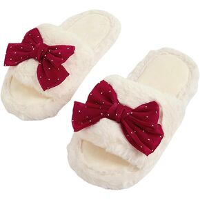 Verdusa Women's Cute Bow Slippers Open Toe Home Slippers Furry Bedroom Shoes