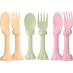 Made in USA Toddler Utensil Set - 6 Pack (3 Spoons & 3 Forks for Kids) - Self-Standing 3D Ergonomic Cat & Dog Handles - BPA-free, Dishwasher Safe (Pink, Blue, Yellow)