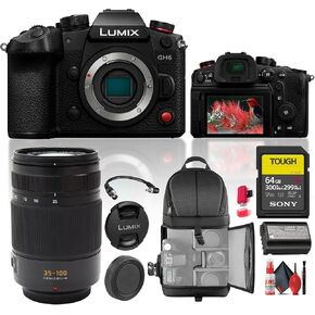 Panasonic Lumix GH6 Mirrorless Camera (DC-GH6BODY) Bundle with Zuiko Digital ED 12-100mm f/4 is Lens - Memory Card, Cleaning Kit, Backpack and More