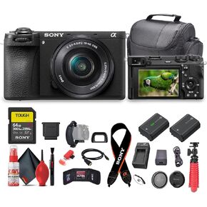 Sony a6700 Mirrorless Vlogger Camera with 16-50mm Lens (ILCE-6700L) + 64GB Tough Memory Card + NP-FZ100 Battery + Charger + Case + Flexible Tripod + Micro HDMI Cable + Cap Keeper + More (Renewed)