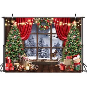 AIIKES 7X5FT Christmas Backdrop Winter Christmas Backdrop for Photography Merry Xmas Tree Window Retro Wood Backdrop Holiday Family Party Decorations Photo Studio Props 12-636