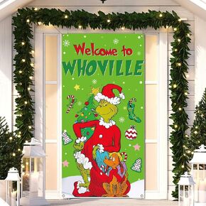 Nepnuser Welcome to Whoville Christmas Door Cover Green Elf Xmas Winter Holiday Party Decoration Backdrop Door Hanging Banner (Green-B)