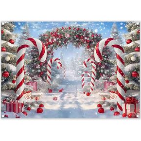 ZTHMOE Fabric 7x5ft Merry Christmas Cane Candy Photography Backdrop Winter Snow Scene Xmas Tree Background New Year Eve Party Decoration Holiday Photo Banner Props