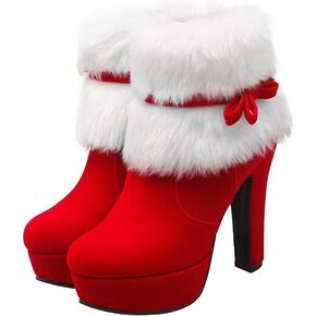 ERINGOGO Xmas Boot High Heel Women Christmas Ankle Boots, Winter Fur Lined Platform Pointed Toe Suede High Heel, Side Zipper Santa Claus Booties Christmas Short Boot