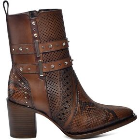 Cuadra Honey brown leather tall ankle bootie for women with decorated stripes 4Q14PH
