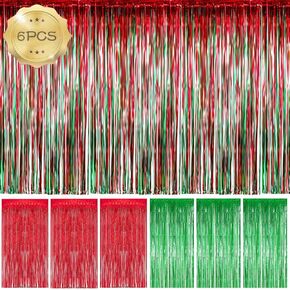 6 Pack Foil Fringe Curtains Christmas Party Decoration Christmas Decoration Backdrop, 3.28 x 8.2 ft Red & Green Metallic Shimmer Curtain Photo Props Background for Birthday Christmas Party