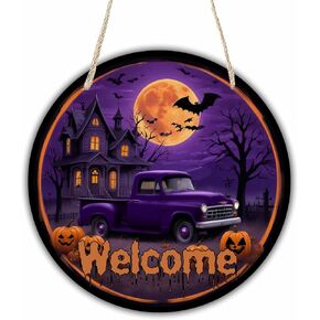 Halloween Welcome Wooden Decoration-Trick Or Treat With Watercolor Bats & Sugar Hanging Decor With A Rope-Indoor Welcome Hanging Sign Plaque-Halloween Round Wall Hanger For Home-A08