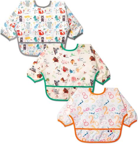 طقم مريلة 3 قطع بأكمام طويلة | مرايل أطفال مقاومة للماء مع حزمة جيب | مريلة للأطفال الصغار بأكمام وجهاز التقاط الفتات in Kuwait