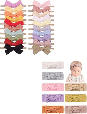 20 قطعة من ربطات الشعر القطنية للفتيات الصغيرات من النايلون + 8 قطع من عصابات الرأس للفتيات الصغيرات مع أشرطة متماسكة لحديثي الولادة من إكسسوارات شعر الأطفال حديثي الولادة من النايلون الناعم in Kuwait