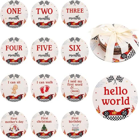 13PCS Race Car Wooden Monthly Photo Cards, Racing Car Newborn Gift for Girls and Boys, Hello World Newborn Photo Booth Props for Race Baby Shower Pregnancy Announcement Party Decorations in Saudi Arabia