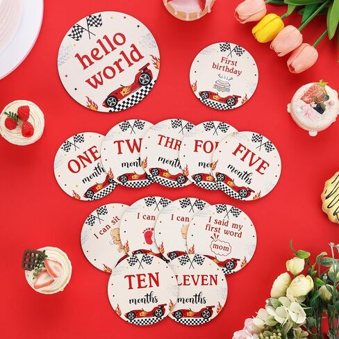 13PCS Race Car Wooden Monthly Photo Cards, Racing Car Newborn Gift for Girls and Boys, Hello World Newborn Photo Booth Props for Race Baby Shower Pregnancy Announcement Party Decorations in Saudi Arabia