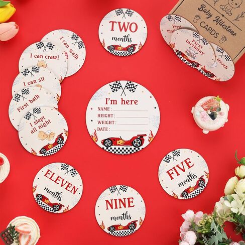 13PCS Race Car Wooden Monthly Photo Cards, Racing Car Newborn Gift for Girls and Boys, Hello World Newborn Photo Booth Props for Race Baby Shower Pregnancy Announcement Party Decorations in Saudi Arabia