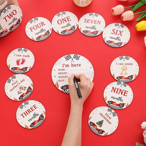 13PCS Race Car Wooden Monthly Photo Cards, Racing Car Newborn Gift for Girls and Boys, Hello World Newborn Photo Booth Props for Race Baby Shower Pregnancy Announcement Party Decorations in Saudi Arabia