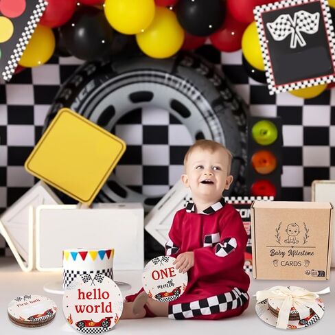 13PCS Race Car Wooden Monthly Photo Cards, Racing Car Newborn Gift for Girls and Boys, Hello World Newborn Photo Booth Props for Race Baby Shower Pregnancy Announcement Party Decorations in Saudi Arabia