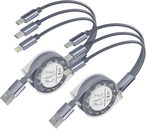 Multi Charging Cable,(2 Pack 5FT),Retractable Charging Cable 3 in 1 Charging Cable Universal USB Charging Cord with Type-C, Micro USB,IP Port for Most Cell Phones & Pads-Gray in Saudi Arabia