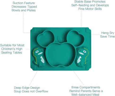 Toddler Baby Plates Silicone Divided Cartoon - Portable Non Slip Suction Toddler Plates for Children Baby and Kids Baby Dinnerware Eating Food Plates (Dinosaur Green) in Saudi Arabia
