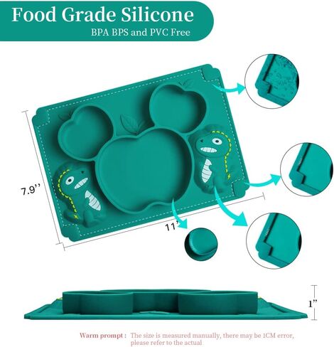 Toddler Baby Plates Silicone Divided Cartoon - Portable Non Slip Suction Toddler Plates for Children Baby and Kids Baby Dinnerware Eating Food Plates (Dinosaur Green) in Kuwait