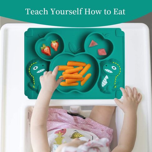 Toddler Baby Plates Silicone Divided Cartoon - Portable Non Slip Suction Toddler Plates for Children Baby and Kids Baby Dinnerware Eating Food Plates (Dinosaur Green) in Kuwait