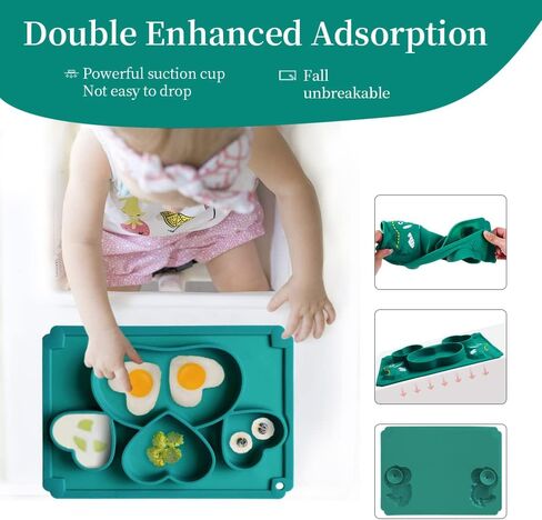 Toddler Baby Plates Silicone Divided Cartoon - Portable Non Slip Suction Toddler Plates for Children Baby and Kids Baby Dinnerware Eating Food Plates (Dinosaur Green) in Kuwait