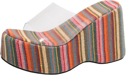 Womens Rainbow Transparent Strappy Platform Wedge Sandals Clear Round Peep Open Toe Slide Summer Beach Crystal Mules Slipper in Kuwait