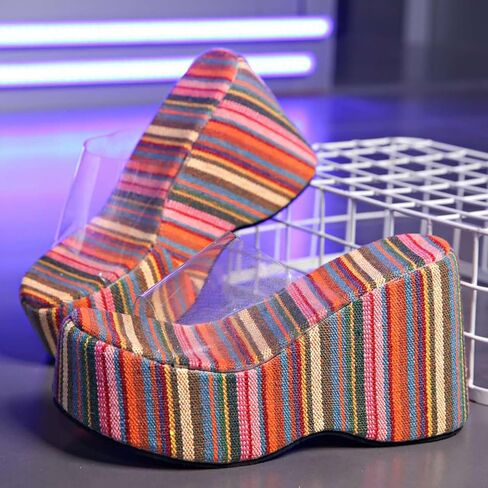Womens Rainbow Transparent Strappy Platform Wedge Sandals Clear Round Peep Open Toe Slide Summer Beach Crystal Mules Slipper in Kuwait