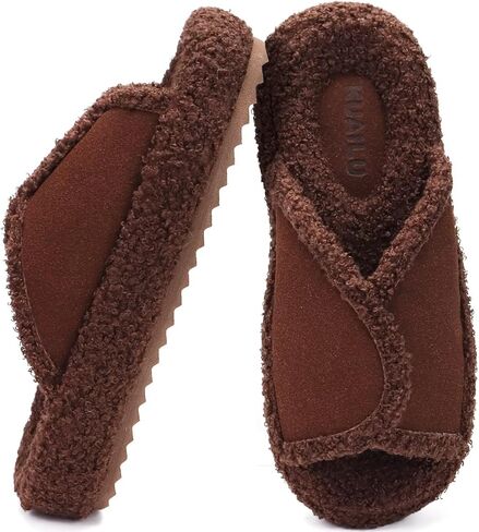 شبشب KuaiLu حريمي مريح من الجلد السويدي الصناعي زغب دافئ وبطانة شيربا دافئة لغرفة النوم للسيدات من إسفنج الذاكرة لتقويم العظام مفتوح عند أصابع القدم ودعم قوس القدم ونعل سميك مبطن للاستخدام الداخلي والخارجي مقاس 6 in Kuwait