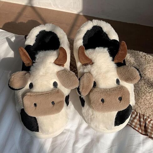 Cow Slippers for Women Men, Fluffy Cute Memory Foam Lightweight House Shoes Cozy Cartoon Slippers with Polar Fleece Lining Funny Furry Kawaii Bedroom Indoor and Outdoor in Saudi Arabia