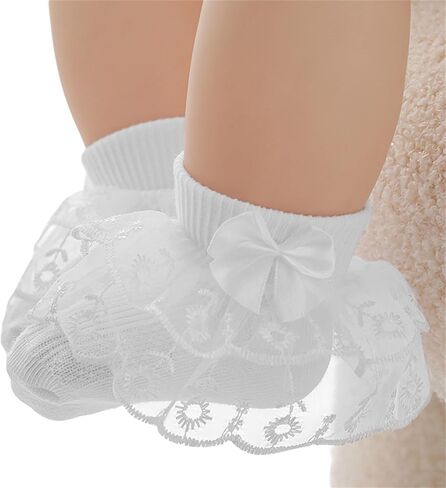 Baby Girls Eyelet Frilly Ruffle Lace Socks Super Soft Infant Cotton Ankle Socks Princess Dress Socks with Bow in Saudi Arabia