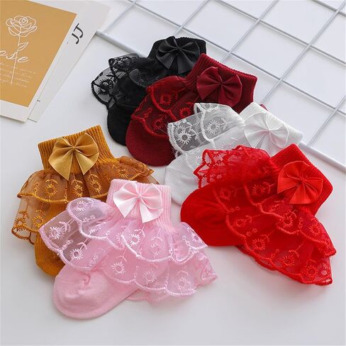 Baby Girls Eyelet Frilly Ruffle Lace Socks Super Soft Infant Cotton Ankle Socks Princess Dress Socks with Bow in Saudi Arabia