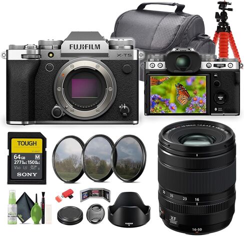 حزمة كاميرا FUJIFILM X-T5 بدون مرآة (فضية) مع عدسة Fuji XF مقاس 16-50 مم f/2.8-4.8 R LM WR + بطاقة ذاكرة SF-M Tough Series UHS-II SDXC سعة 64 جيجابايت + مجموعة تنظيف + حامل ثلاثي القوائم مرن مقاس 12 بوصة + المزيد in Saudi Arabia
