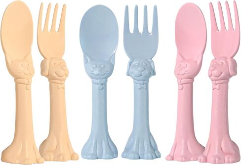 Made in USA Toddler Utensil Set - 6 Pack (3 Spoons & 3 Forks for Kids) - Self-Standing 3D Ergonomic Cat & Dog Handles - BPA-free, Dishwasher Safe (Pink, Blue, Yellow) in Saudi Arabia