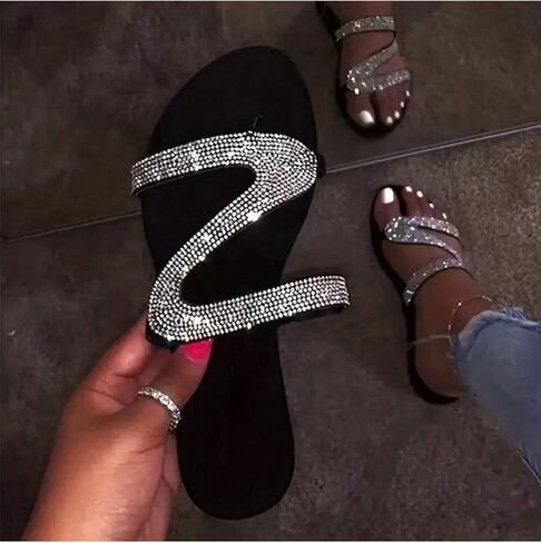 OYOANGLE Women's Rhinestone Glitter Flat Sandals Open Toe Non Slip on Summer Casual Sandal in Saudi Arabia