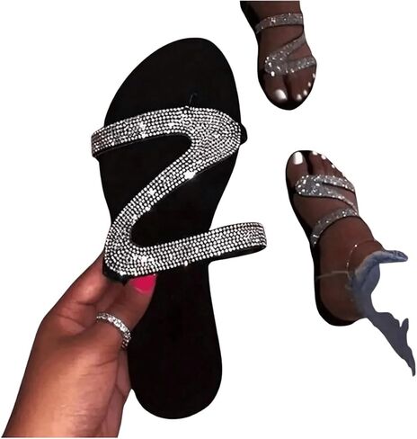 OYOANGLE Women's Rhinestone Glitter Flat Sandals Open Toe Non Slip on Summer Casual Sandal in Saudi Arabia
