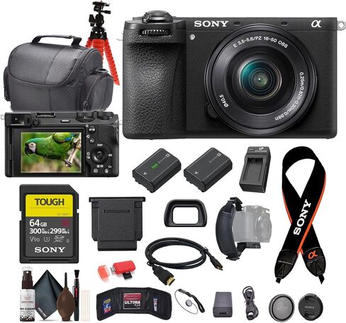 Sony a6700 Mirrorless Vlogger Camera with 16-50mm Lens + 64GB Tough Memory Card + NP-FZ100 Battery + Charger + Flexible Tripod + Micro HDMI Cable + Cap Keeper + More in Saudi Arabia