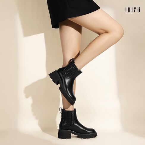 IDIFU IN2 Women's Chelsea Boots Platform Low Block Chunky Heeled Ankle Boots Round Toe Lug Sole Slip On Dress Boots Fall Work Dressy Comfortable Fashion Casual Short Booties Shoes in Saudi Arabia
