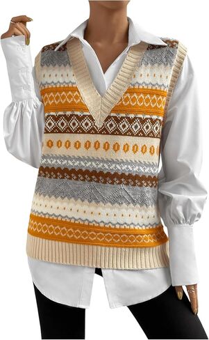 MakeMeChic Women's Vest Tops Striped Print V Neck Knit Casual Sleeveless Sweater Vest Tank Tops in Saudi Arabia