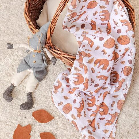 Fox Muslin Blankets - Extra Large Size: 44''x44'' Inches - Soft Breathable Fabric for Baby - Perfect for Swaddling and Nursing - Gender-Neutral Design - Ideal in Saudi Arabia