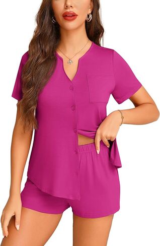Anjue Pajamas for Women Soft Button Up Pajama Set Short Sleeve Shirt and Pajama Pants Lounge Sets S-XXL in Saudi Arabia
