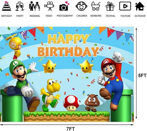 7X5FT Super Brother Photo Backdrop Video Game Happy Birthday Photography Background Adventure Bithday Party Supplies Kids Boys Baby Shower Studio Prop Cake Smash Banner in Saudi Arabia