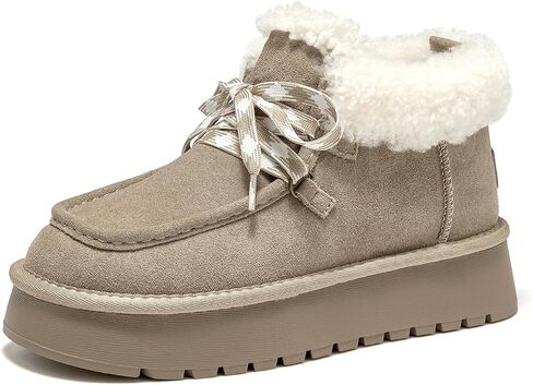BEAU TODAY Womens Winter Snow Boots, Fur Lined Ankle Booties for Women Warm Boots, Chunky Platform Lace-up Boots Shoes Suede Leather Non-slip Warm Winter Shoes in Saudi Arabia