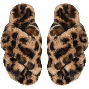 Verdusa Women's Leopard Print Slippers Faux Fur Cross Band Faux Fur Slides House Slippers