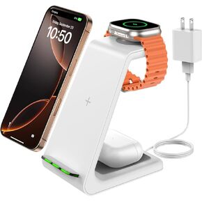 GEEKERA 3 in 1 Wireless Charging Station, Foldable Wireless Charger Stand for Multiple Apple Devices for iPhone 15 14 13 12 11 Pro Max Plus XR XS X, Apple Watch Ultra/9/SE/8/7/6/5/4/3/2, AirPods Pro/3