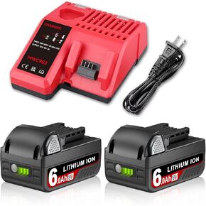 2Pack 6.0Ah 18V M-18 Lithium Replacement for Milwaukee M-18 Battery and Charger Set Compatible with Milwaukee 18V Battery 48-11-1811 48-11-1815 48-11-1820 48-11-1822 48-11-1828 Cordless Tools