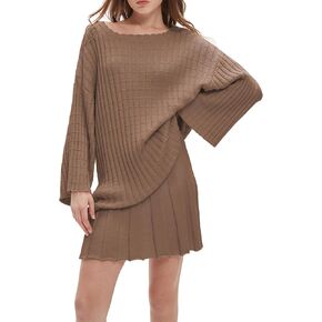 Womens 2 Piece Outfits Oversized Casual Loose Knit Sweater Pleated A Line Mini Skirt Lounge Matching Set