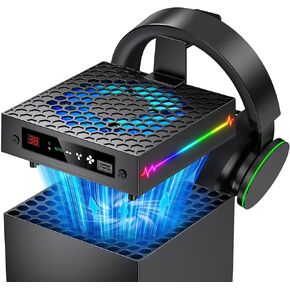 LED Display Auto Cooling Fan for Xbox Series X with 9 RGB Light Modes, Cooling System Adjustable by Temperature with 4 Gears for Xbox Series X Console, Cooler & Light Switch, Headset Hook, USB Port