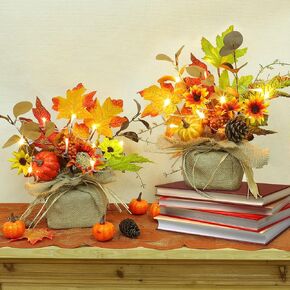 [ 2 Styles & Lighted ] 2 Pack 11 Inch Fall Maple Tree Decor, Artificial Tabletop Fall Tree with 20 LEDs Battery Powered Fall leafed Pumpkin Cones Berried Flower Thanksgiving Fall Decorations for Home