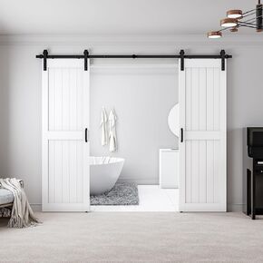 84" x 84" (Double 42" x 84" Doors) Barn Door with 14FT Sliding Door Hardware Kit Included, Assemblely Needed, Waterproof PVC Surface, White, H Frame